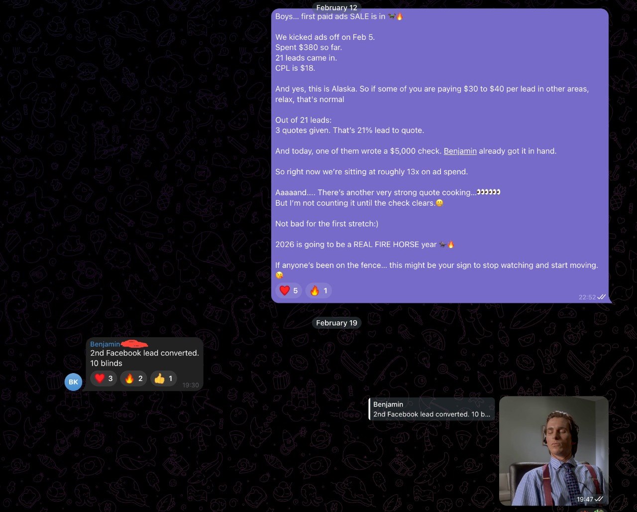 Client message from Benjamin about ad results